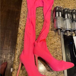 Women’s Hot Pink Stretch Over-The-Knee Stiletto Boots with leggings